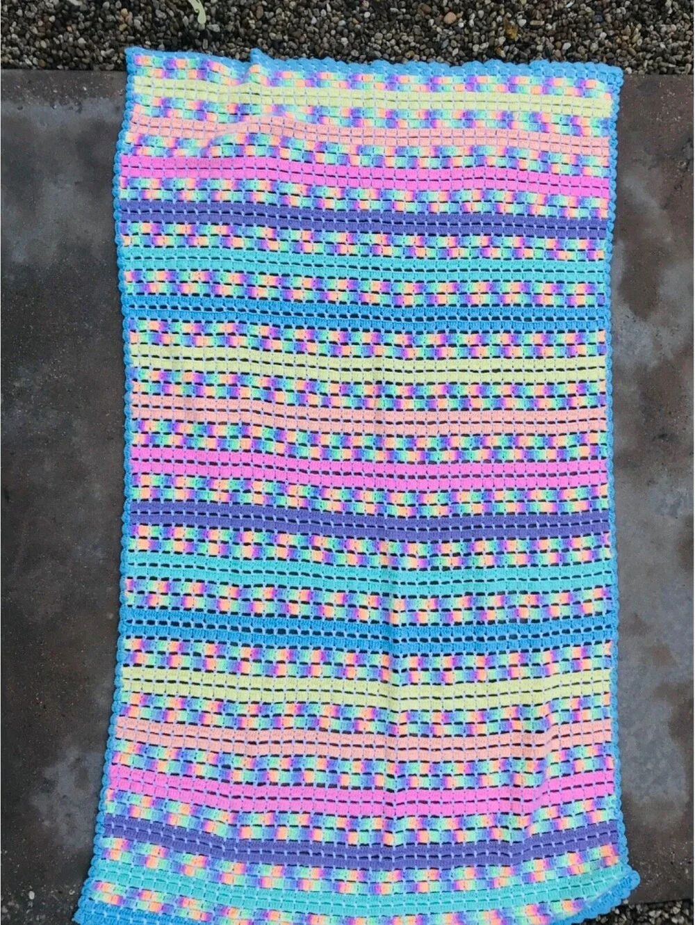 Vintage Hand Knit Crocheted Lap Blanket Vibrant Color 40